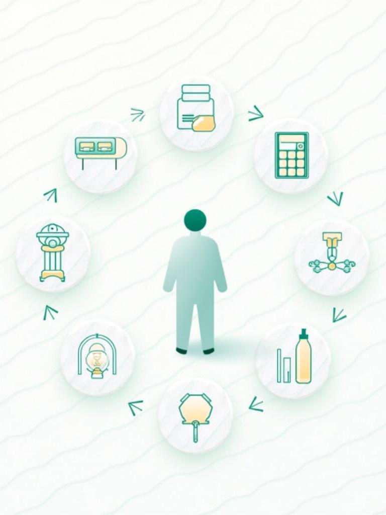 An infographic illustrating a healthcare process. A human figure is in the center surrounded by medical icons representing various steps. The design is clean and modern. Light colors are used throughout the image.