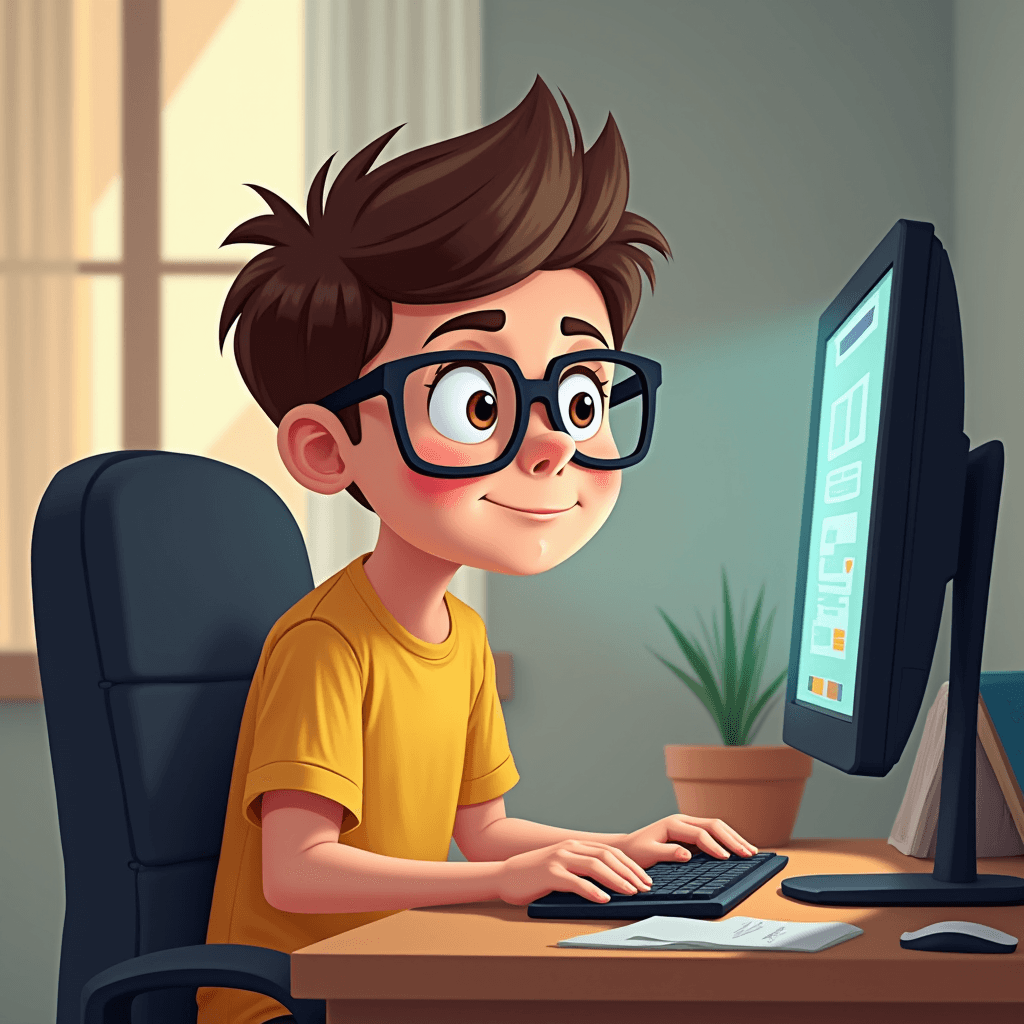 A boy in glasses is concentrating intently on his computer screen in a cozy room.