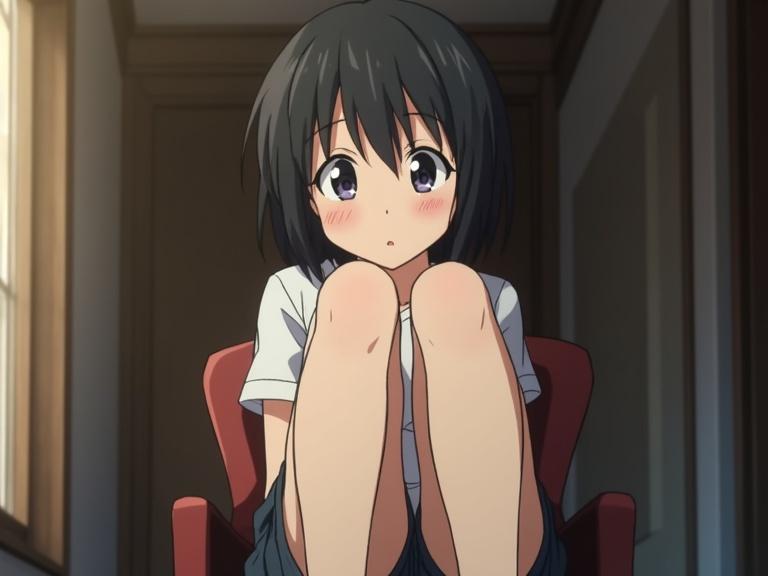 Anime screencap of a short black-haired girl sitting in a chair with legs crossed. Viewing from feet soles below. Girl has a curious expression while looking down.