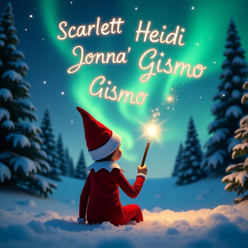 This enchanting image showcases an elf on the shelf sitting in a winter wonderland. The elf is turned away from the viewer, gazing up at a beautiful night sky dotted with northern lights. With a whimsical touch, the elf uses a magical wand to write names in sparkling light above. The names 'Scarlett', 'Heidi', 'Jonna', and 'Gismo' appear elegantly in the air, adding a festive charm. Surrounding the elf, the landscape is adorned with snow and evergreen trees, embodying the true essence of Christmas magic. It's a celebration of joy and wonder during the holiday season.