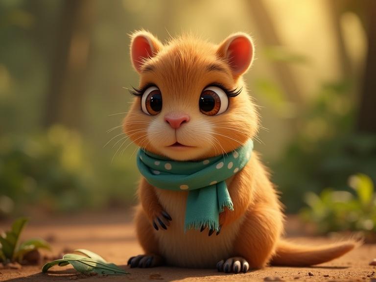 Close-up of a small, cute capybara with golden-brown fur and big brown eyes. It has a tiny pink nose and is wearing a light teal scarf with white dots. The capybara sits on the jungle floor with broken leaf wings nearby. The background has warm sunset colors and emotional lighting, illustrating sadness.