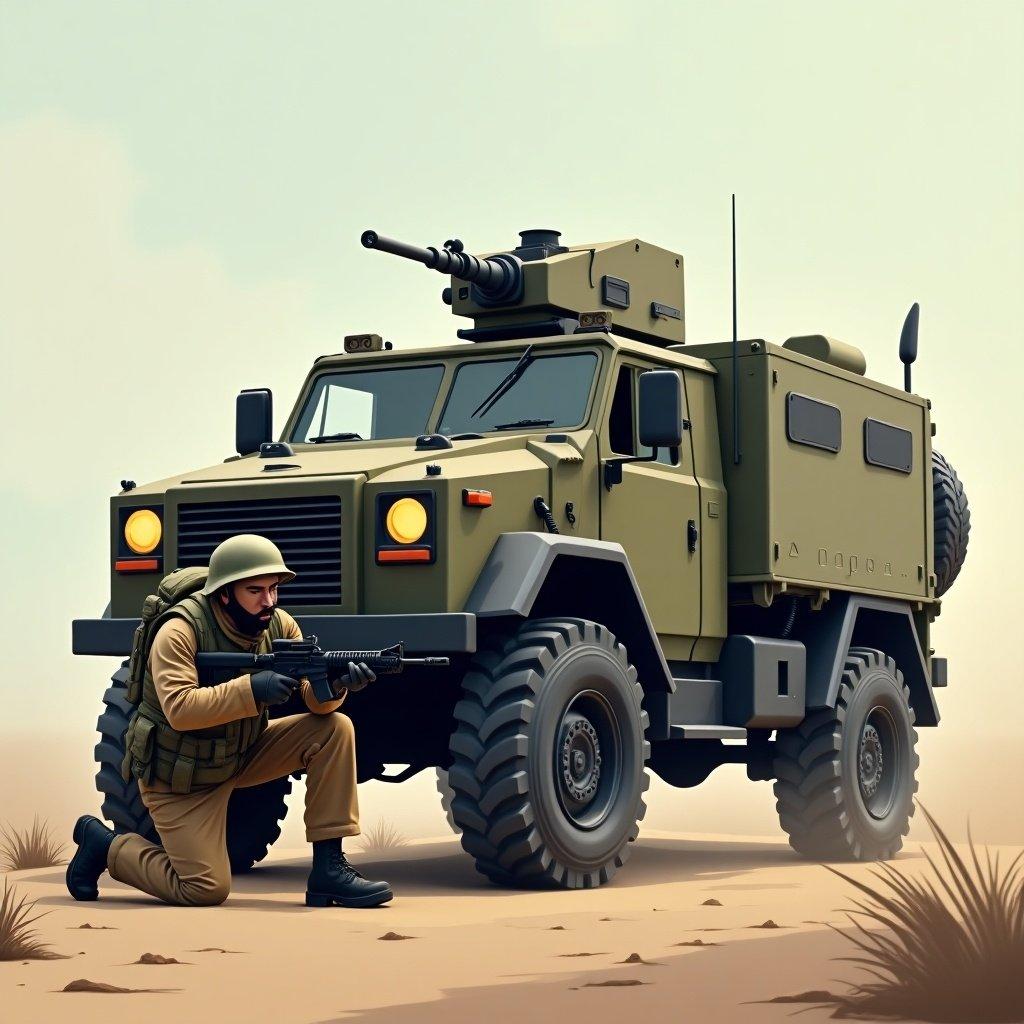 Low poly representation of a soldier crouched, taking cover beside an 8x8 armored personnel carrier in a desert setting.