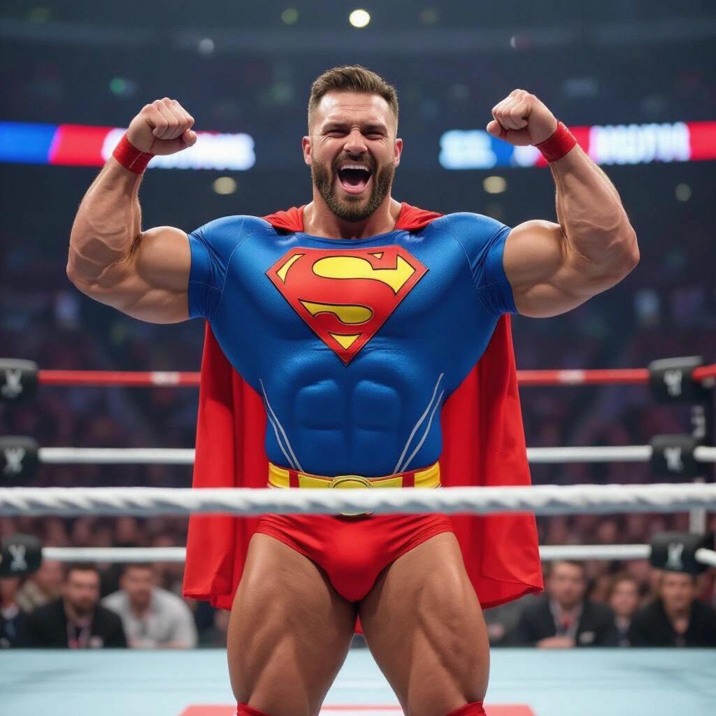 Powerlifter in a Superman suit. Tight red briefs with bulge. Flexing in a wrestling ring. Enthusiastic expression. Muscular build. Bright arena with audience in background.