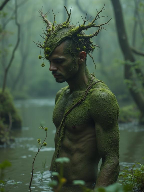A mystical swamp prince emerges from murky waters. Skin covered in moss and mud. Adorned with jewelry made from roots and fungi. Surrounded by mist and sounds of nature. A haunting image resembling a vintage photograph and surreal art styles.