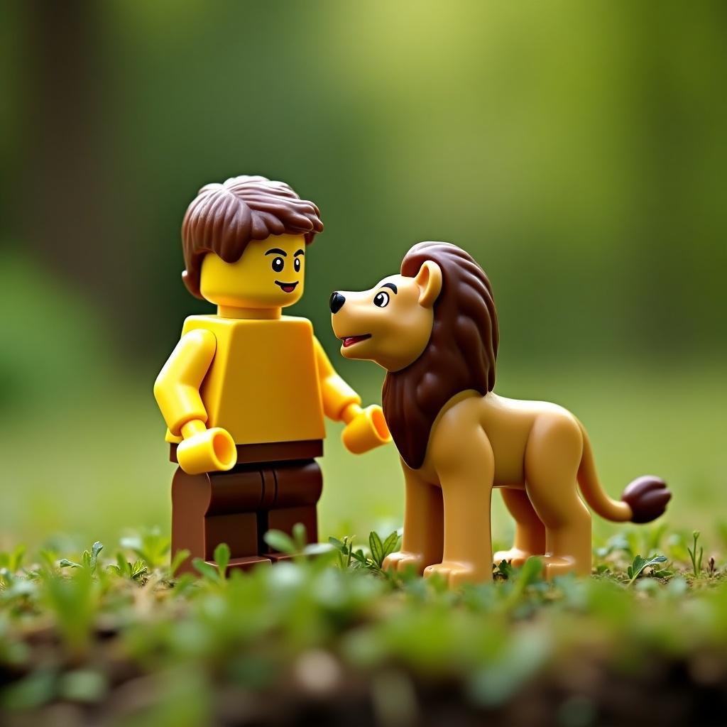 LEGO minifigure and a small lion figure engaging in a playful interaction on grassy ground. Background is a blurred natural setting with green hues. LEGO figure has yellow skin and simple features. Scene represents whimsical and imaginative play.