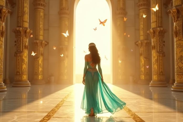 A princess in a turquoise outfit walks through golden temple doors. Her dress shines with gold embroidery. Butterflies flutter around her. The interior glows with divine light. Polished marble floors and towering pillars create a majestic atmosphere. She appears awe-inspired. The scene captures magic and wonder.