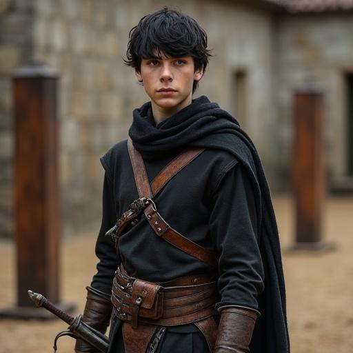 Teenage boy around 15 years old stands in a medieval training ground. He has medium-length tousled black hair with subtle red undertones. Wearing lightweight scout armor including dark leather jerkin and fitted linen shirt. His expression is composed and focused, showing resolve. A utility belt with small pouches and a sheathed short sword is visible. Dark hooded cloak drapes over his shoulders. Soft shadows are cast by natural lighting. The atmosphere reflects youthful determination and intensity.