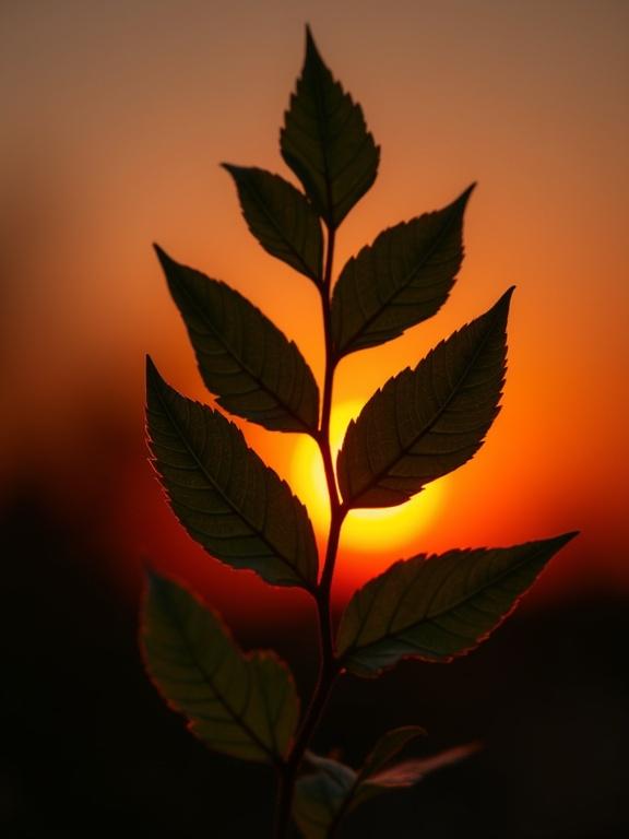 Close up of an African leaf silhouette during sunset. Bright orange sunset in the background. Focus on leaf details.