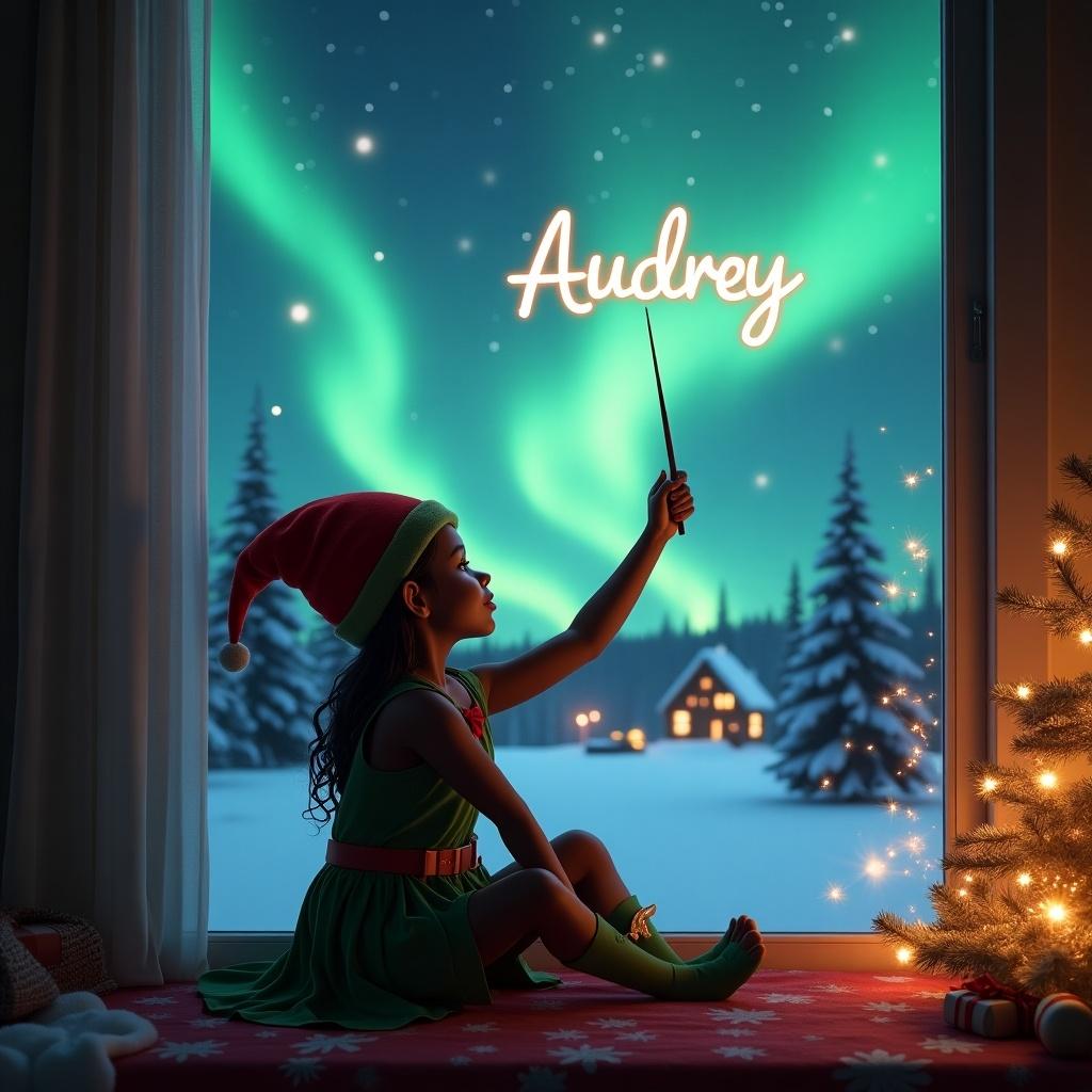 A magical Christmas scene showcases a black girl dressed as an elf sitting by a window. She gazes upwards in awe while holding a wand, writing the name 'Audrey' in the sky. The background is filled with stunning northern lights illuminating a snowy landscape. A cozy indoor setting features warm decorations, creating an inviting atmosphere. This festive decor enhances the holiday spirit, making it a perfect illustration for Christmas themes.