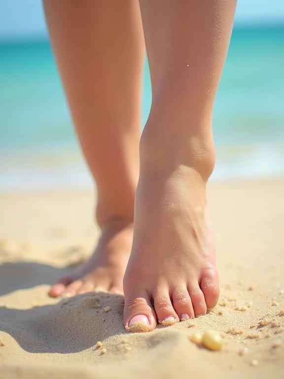 Close-up of feet walking on sandy beach. Clear blue ocean in background. Warm sunlight setting a relaxing mood.