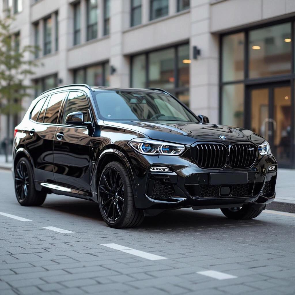 Show a black E53 BMW X5 parked on a city street. The SUV has a polished look with a focus on its design and style.