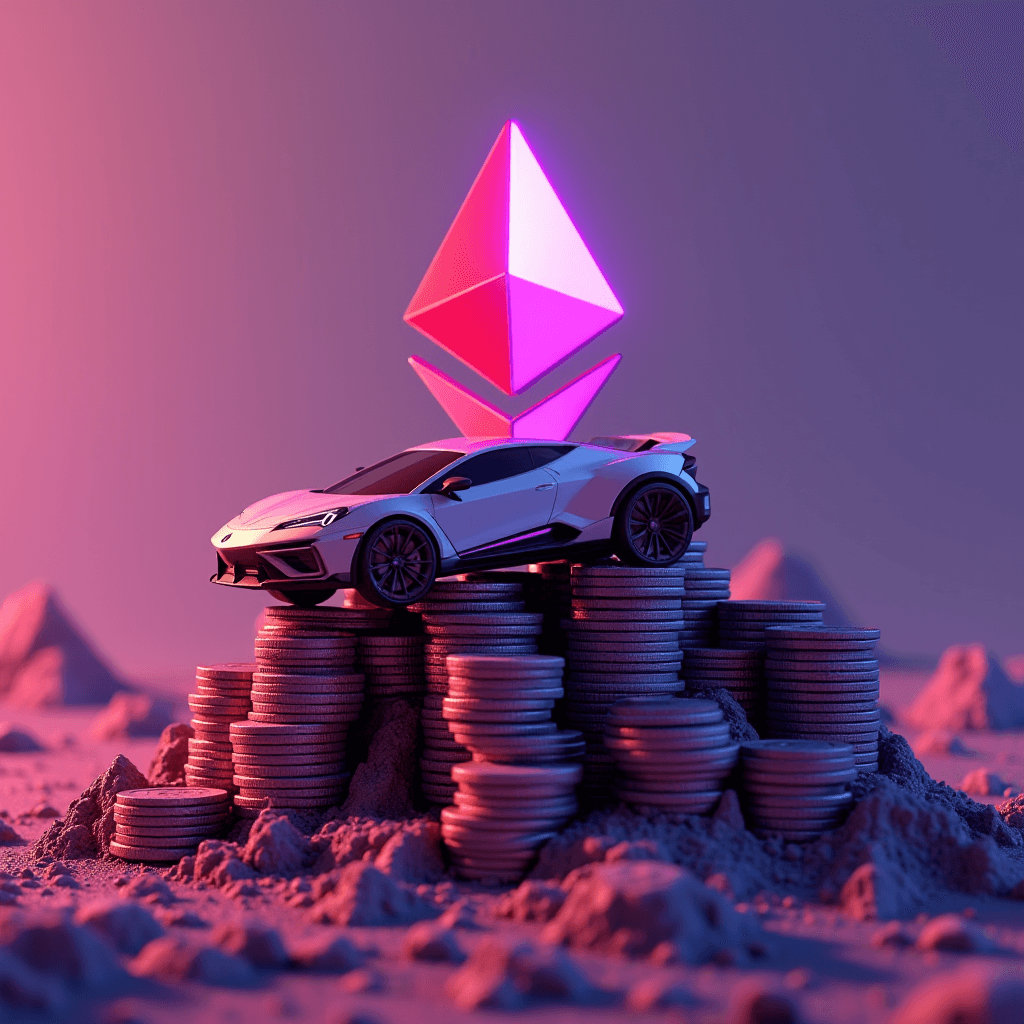 A futuristic car sits on stacks of coins with a glowing Ethereum symbol above, all in a surreal landscape.