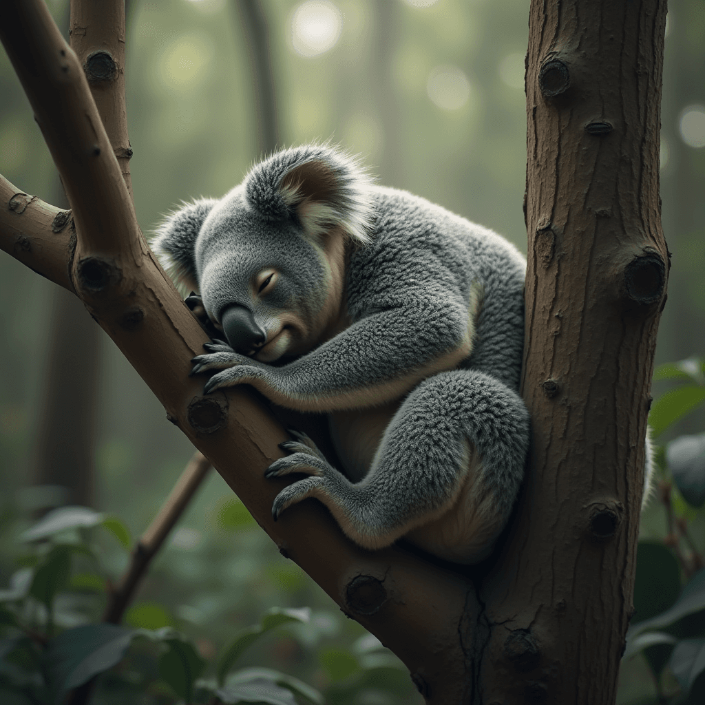 A koala is peacefully sleeping, nestled comfortably in the fork of a tree. Its gray fur appears soft and dense, with the small, fluffy ears slightly perked up. The koala's eyes are gently closed, and its black nose contrasts with the lighter fur around its face. The background is a lush, blurred forest, indicating a serene and natural environment. This tranquil scene highlights the koala's endearing nature and the calmness of its habitat.