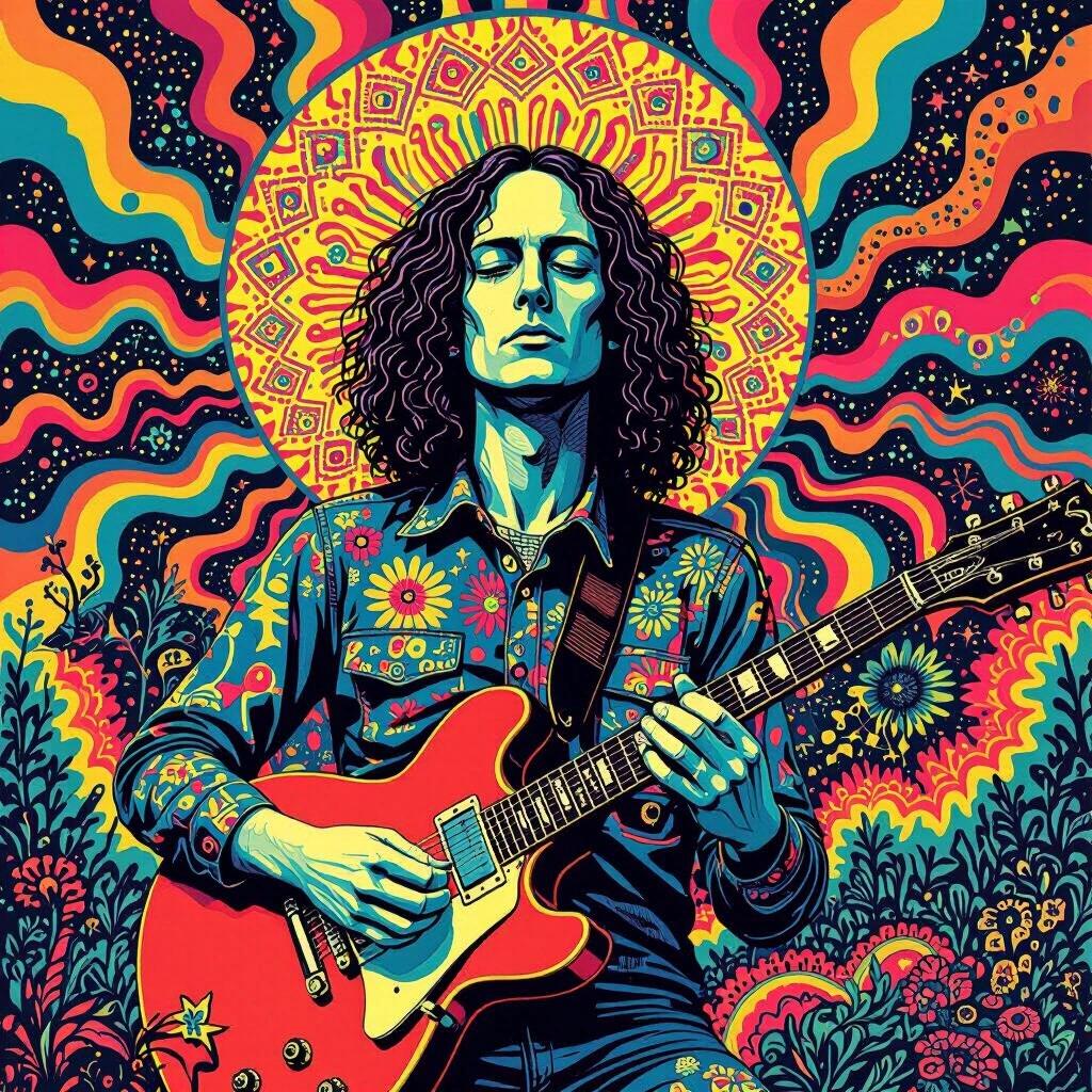 Psychedelic illustration of a musician playing an electric guitar. The musician has curly hair and stylish clothing. Background filled with vibrant patterns and colors. Flowers and abstract designs surround the musician.