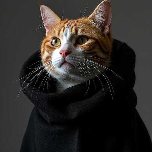 A cat wearing a black mantle. The cat has orange stripes and is looking slightly upwards. Its expression is curious and regal. The mantle is draped elegantly around its neck. The setting is soft and pleasing to the eye.