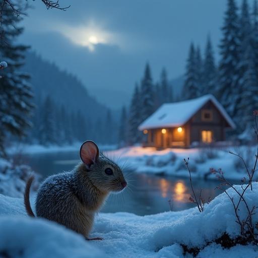 Mouse with snow cover back. Snowy valley near river. Night scene with cabin in distance. Light coming from cabin window.