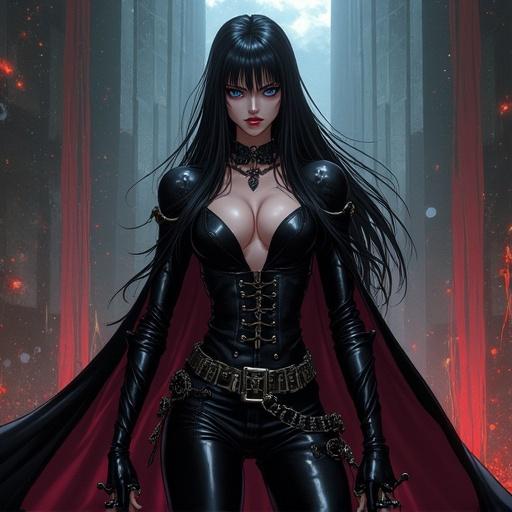 A gothic figure stands dramatically in a dark fantasy setting. The figure wears a sleek black death knight outfit with a flowing red cape. Long black hair cascades around the shoulders. The background features towering stone structures and an eerie ambiance.