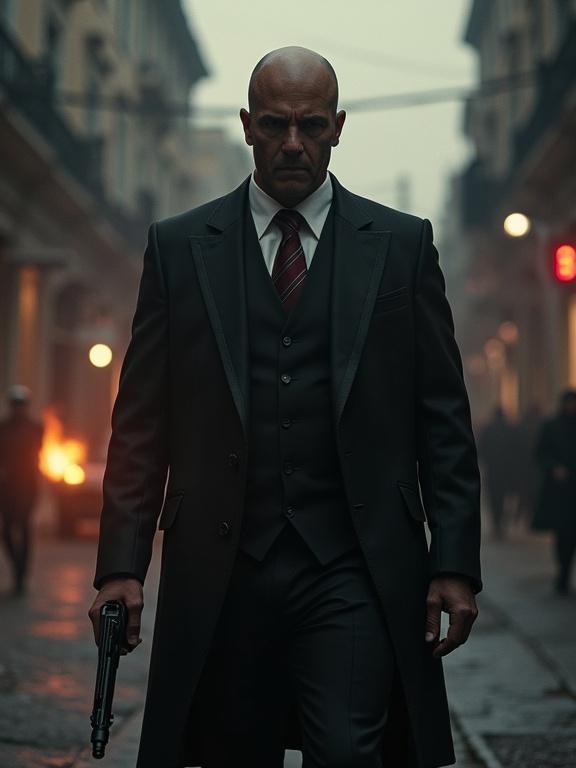 Photorealistic image of a bad man walking in a hostile environment in Latin America. He wears a dark suit and holds a gun. The atmosphere is tense and mysterious.