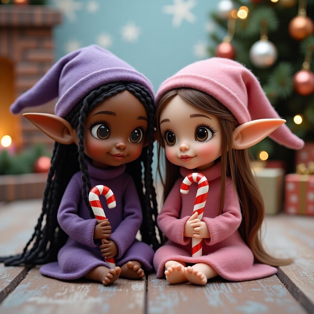 Two cute girl elves with pointed ears. One has brown skin and long dreadlocks. She wears purple. The other has long brown hair and fair skin. She wears pink. Both elves hold candy canes. Background is a Christmas scene.