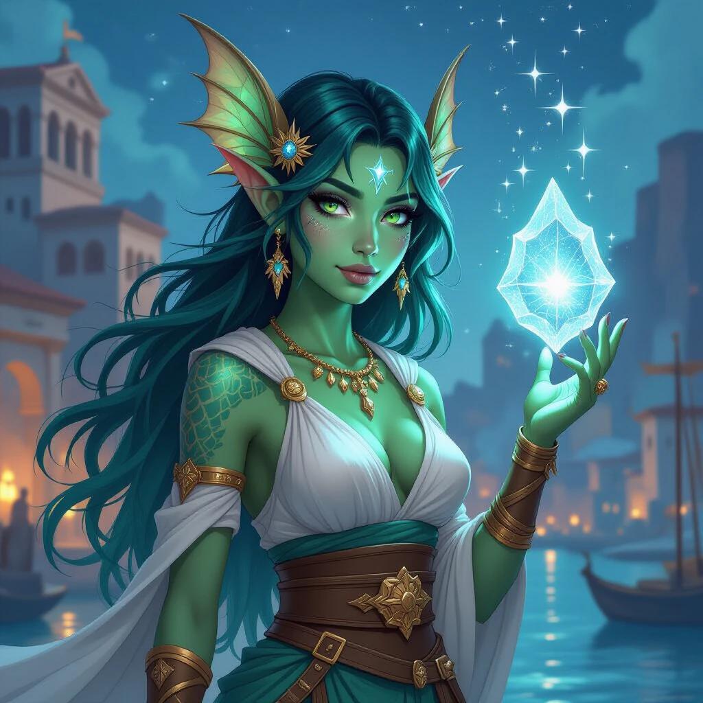 Gritty stylised portrait of a late teenaged Triton fish-person female. Sharp finned ears and green-blue scaled skin. Wielding magic with a crystal. Wearing cute Ancient-Greek-Fantasy clothing. Long green-blue hair. Diving the stars. Ancient Greek port city backdrop.