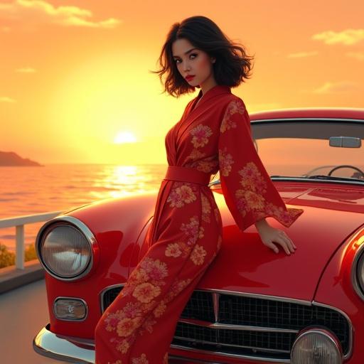 Stylish young woman leans against vintage red car under warm sunset. She wears floral-patterned jumpsuit. Hair is voluminous and wavy. Scene in Ghibli-meets-Pixar style with vibrant colors. Charming and elegant atmosphere evokes nostalgia.