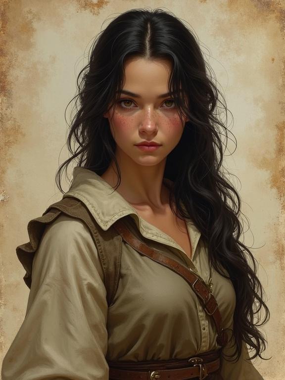 A pretty female halfling with dark hair, brown eyes, and freckles. She wears a loose shirt and a belt. Background fades into worn parchment paper. Style is semirealistic and epic fantasy. Suitable for D&D art.