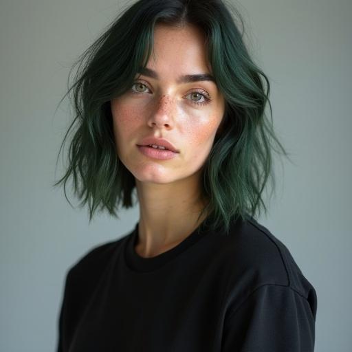 Studio portrait of a striking young woman against a light grey seamless background. Soft frontal lighting creates a minimal shadow effect. She has chin-length dark green hair, an oval face with luminous fair skin and freckles. Thick dark brown eyebrows frame her almond-shaped hazel eyes. Full lips display a slight, calm smile. She wears a black crew-neck t-shirt and medium-wash blue jeans, standing with a slight contrapposto and one hand on her hip.