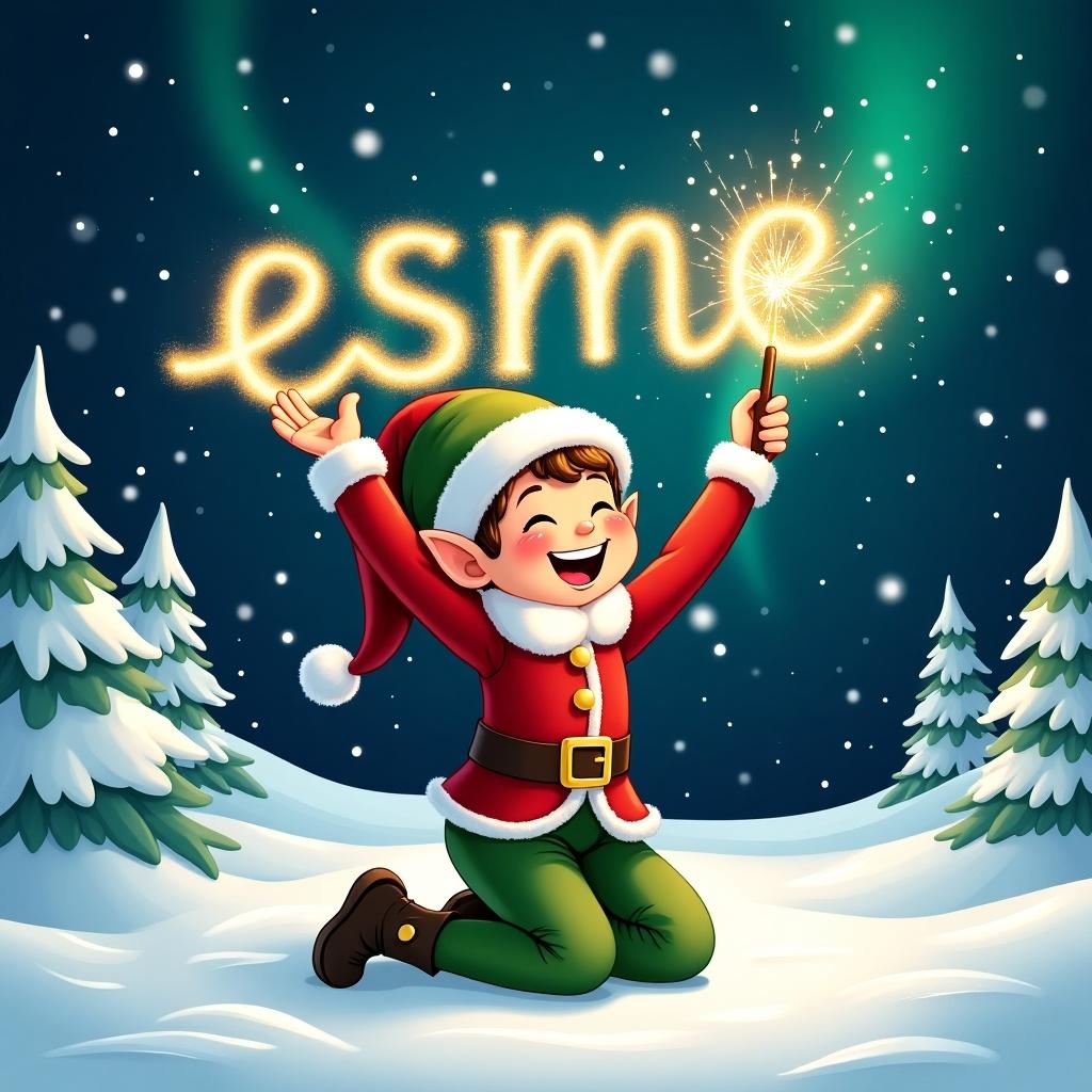 A cheerful elf wearing a red and green outfit kneels in snow. The elf joyfully writes the name 'esme' in sparkling text with a sparkler. Behind the elf, snow-covered trees create a festive backdrop. The night sky is illuminated with northern lights.