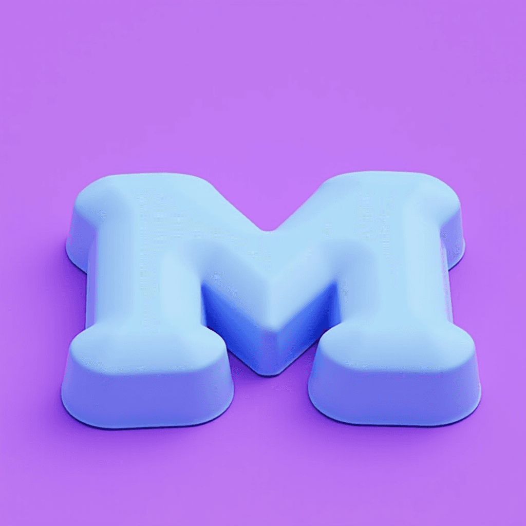 A 3D blue letter M is placed on a vibrant purple background.