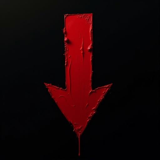 A thick down arrow painted in dark red ink on a black background. The arrow has visible brushstrokes and imperfect edges. It looks hand-painted with slight unevenness. The composition is minimalist and stark.
