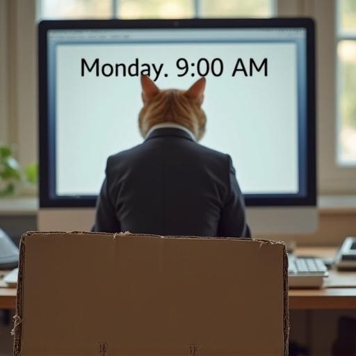 Back view of a cat wearing a business suit sitting behind a cardboard box as a desk. A toy keyboard or old laptop keyboard is in front. The cat looks seriously at a computer screen that displays 'Monday. 9:00 AM.' The setting is a minimalist home office with soft morning lighting, creating a humorous vibe.