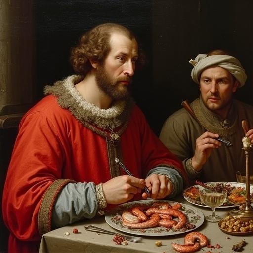 A realistic image of Saint Bonnet in the 14th century wearing a saint's headdress and a red robe eating sausages and cured meats around a table with peasants in southeastern France.