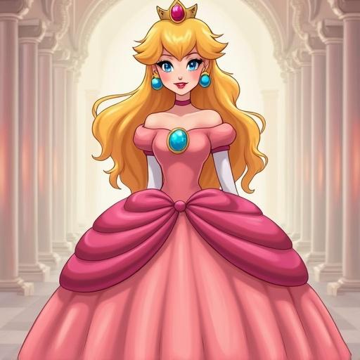 Character design of a genderbent version of a princess. The character has long flowing hair, wears a royal dress that is pink with large bows, and has jewel embellishments. The background is a palace interior with soft lighting.