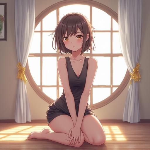 Anime girl doing splits in an indoor setting. Character has short dark hair and is wearing a simple dress. Room has a round window with soft natural light. The floor is wooden. The character's expression is calm and focused.