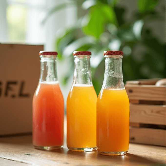 Three bottles filled with different colored juices are placed on a wooden table with greenery in the background.