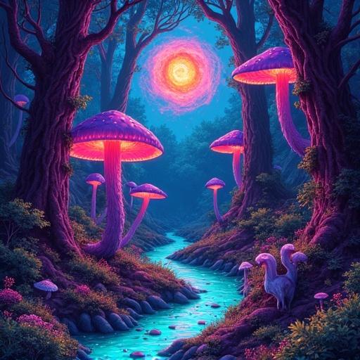 Surreal underground forest features bioluminescent mushrooms glowing in neon colors. A winding river flows through vibrant hues. In the sky, a mystical eye with fiery tendrils is visible. The scene is vivid and trippy with a highly detailed cosmic vibe.