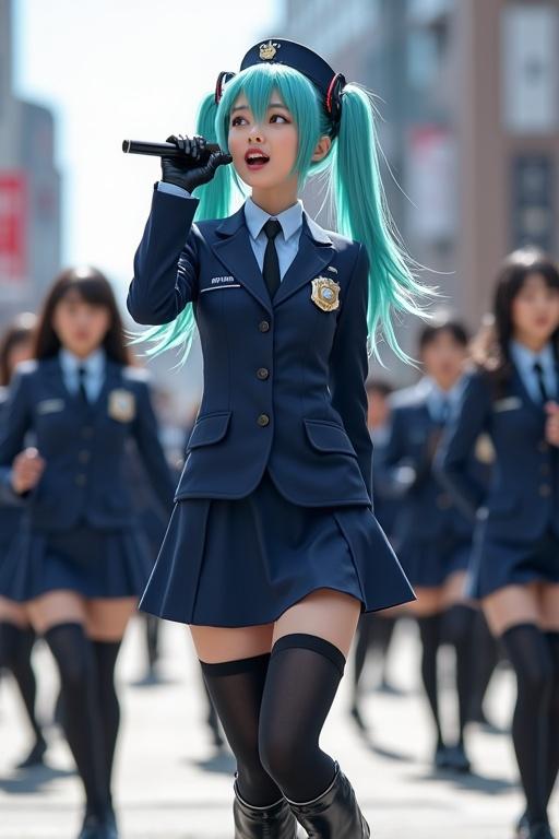 Hatsune Miku dressed in Japanese police uniform performing in a street. Navy blue jacket over light blue shirt with black tie. Wearing a navy blue knee-length skirt and black tights. Black latex gloves and thigh-high black latex boots. Carrying a police baton. Singing and dancing with women around her.