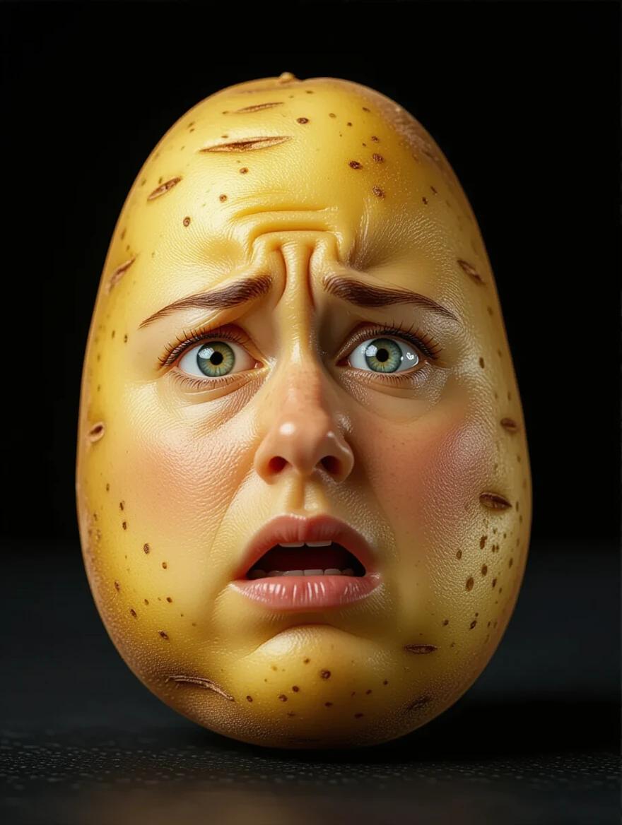 Create a high-quality photorealistic image of a potato with a detailed human face expressing horror and disgust. Use a solid black background to enhance visibility. Apply dramatic lighting for a cinematic effect.