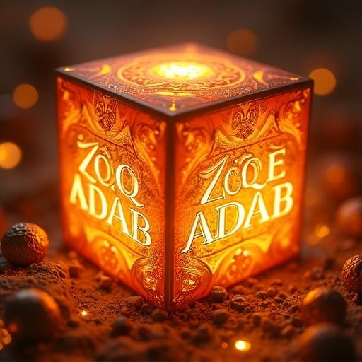 Close-up view of a glowing orange cube showing intricate textures and 'ZOQ E ADAB' text. The cube emits a warm light. Artistic surroundings enhance visual appeal. Suitable for digital art and promotional design.