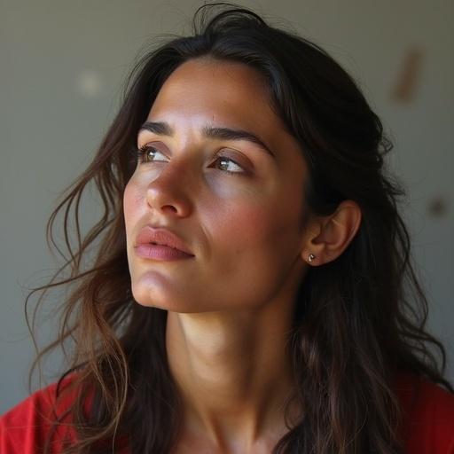 A close-up image of a woman looking thoughtfully while portraying calmness and strength. Soft natural light enhances her features.