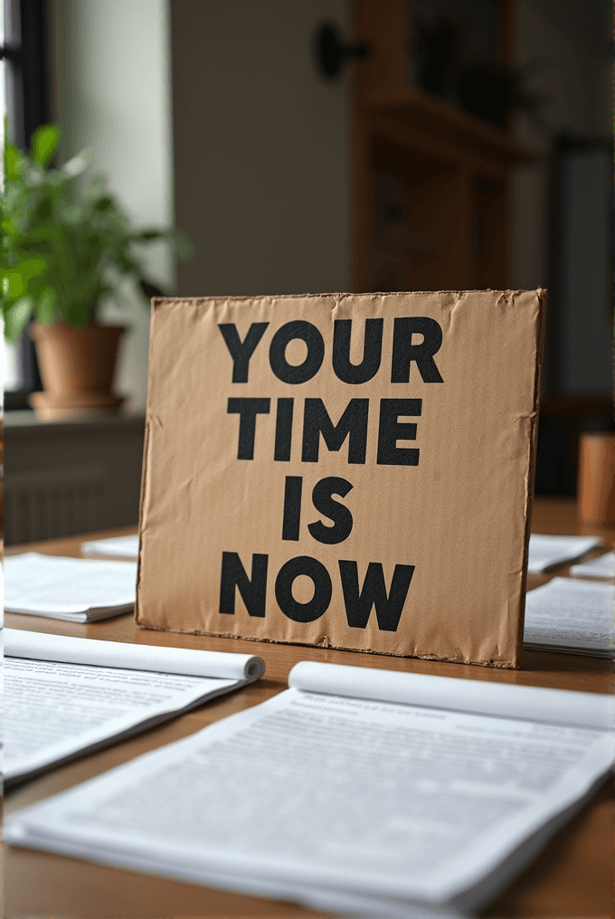 A motivational sign reading 'YOUR TIME IS NOW' on a cardboard box next to a plant on a table.