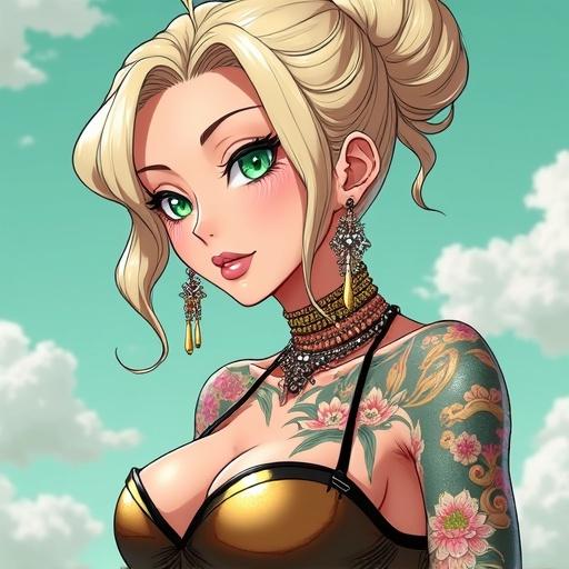 Anime character with emerald green eyes. Muscular woman with oversized light blonde bun hairstyle. Wearing edgy Chanel printed streetwear. Features colorful traditional Japanese tattoos. Double belly button ring and piercings. High fashion model appearance. Cybernetic leg enhancement. Luxurious magazine cover look.