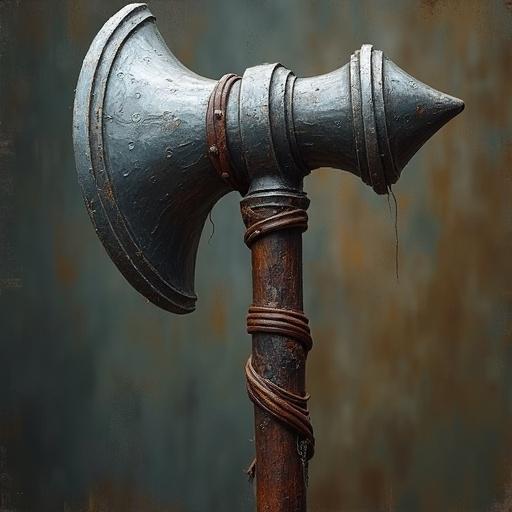 Mace with sturdy leather-wrapped handle. Flanged-shaped head of polished metal. Impressionism and Eldritch style.