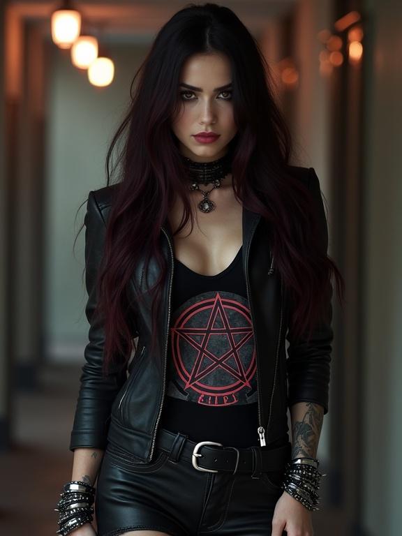 Satan's daughter blends dark charm with rebellious flair. Long black hair with crimson streaks. Tight leather skirt and tattooed legs. Eyes hinting at infernal heritage. Pale skin in black leather jacket and graphic tee. Ripped jeans and combat boots. Spiked bracelets and silver rings. Glowing pentagram choker enhancing gothic look. Confident and aloof presence. Exudes intelligence and sharp wit in goth-punk style.