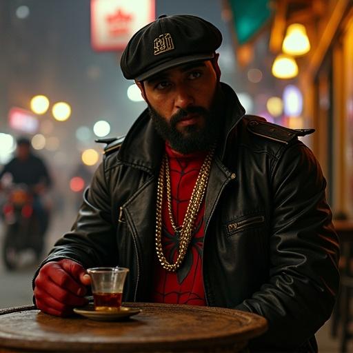 Cinematic portrait of an Egyptian Spider-Man inspired character sitting at a street café in Helwan at night. Cold intimidating expression wearing modified Spider-Man suit and black leather jacket. Thick gold chains, black cap with Arabic embroidery. Sharp beard, intense eyes. Holding tea glass on rusty tray, gritty urban background with motorbikes and graffiti under sodium lights.