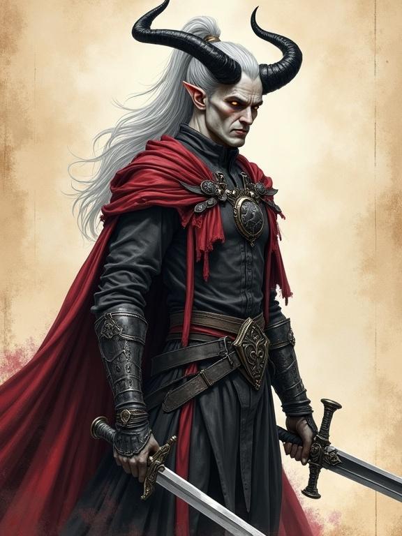 Pen sketch of a tall male tiefling paladin with gray skin and amber eyes. Long silver hair in ponytail and horns curved backward. Stern expression with scars. Wears chainmail and crimson cloak. Noble, tense stance with swords. Artistic sketch style with visible pencil strokes and soft lighting.