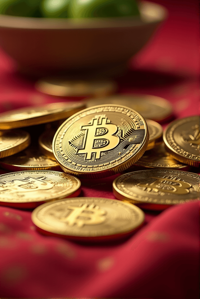 Golden coins with the Bitcoin symbol are spread over a luxurious red silk fabric.