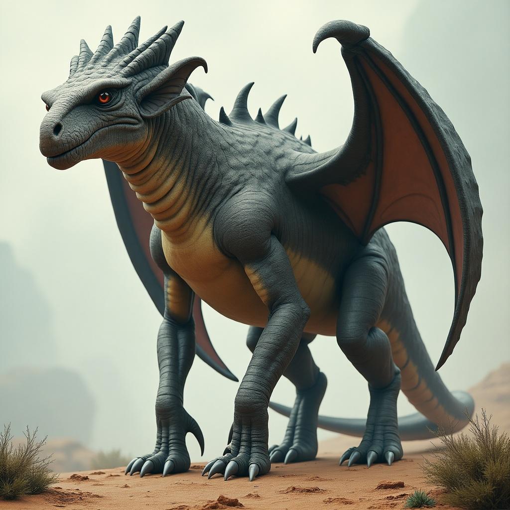 The image showcases the Rock-Kobjes, a mythical creature resembling a dragon with unique features. Its towering figure stands at 131 feet tall with a reptilian body covered in delicate scales. The creature has a bat-like head with unusual features, including multiple eyes and a dolphin-like snout. Two large albatross wings extend from its back, while its elephant legs and a shark tail enhance its otherworldly appearance. The overall color palette blends mahogany and dark gray, making it an eye-catching visual.