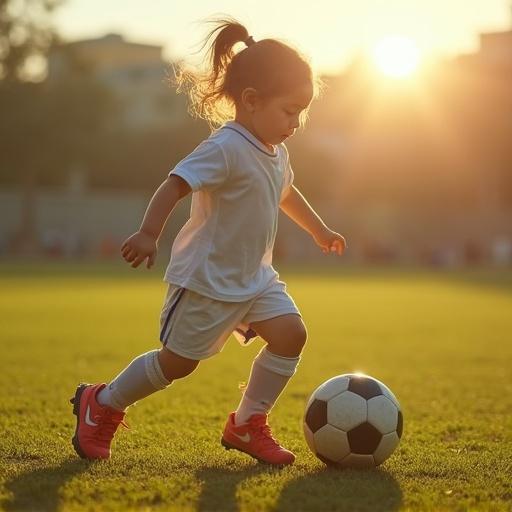 A child playing soccer barefoot on a dirt field. The child shows a sad expression while kicking the ball. The sun is setting, creating a golden hour ambience over the field. The child wears a white sports uniform and red shoes. The background features a blurred landscape of fellow players and trees.