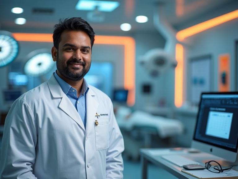 Confident Indian plastic surgeon in a white coat stands in modern operating theater. Background features blurred medical equipment and warm lighting. Desk includes laptop and calendar marked recovery date. Overlay text saying 'Back to Work'. Mood is professional and optimistic.